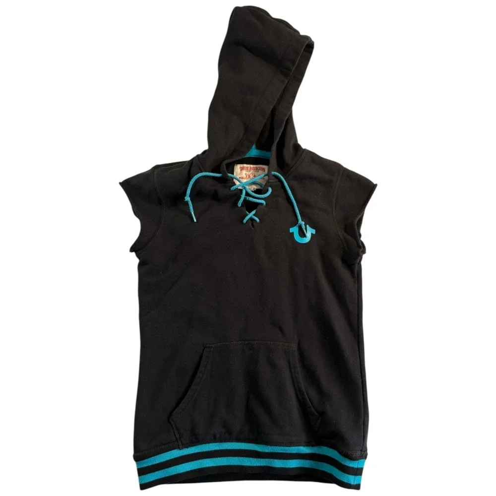 True Religion Lace Up Hoodie Mens Small Black Logo Kangaroo Pockets Sleeveless